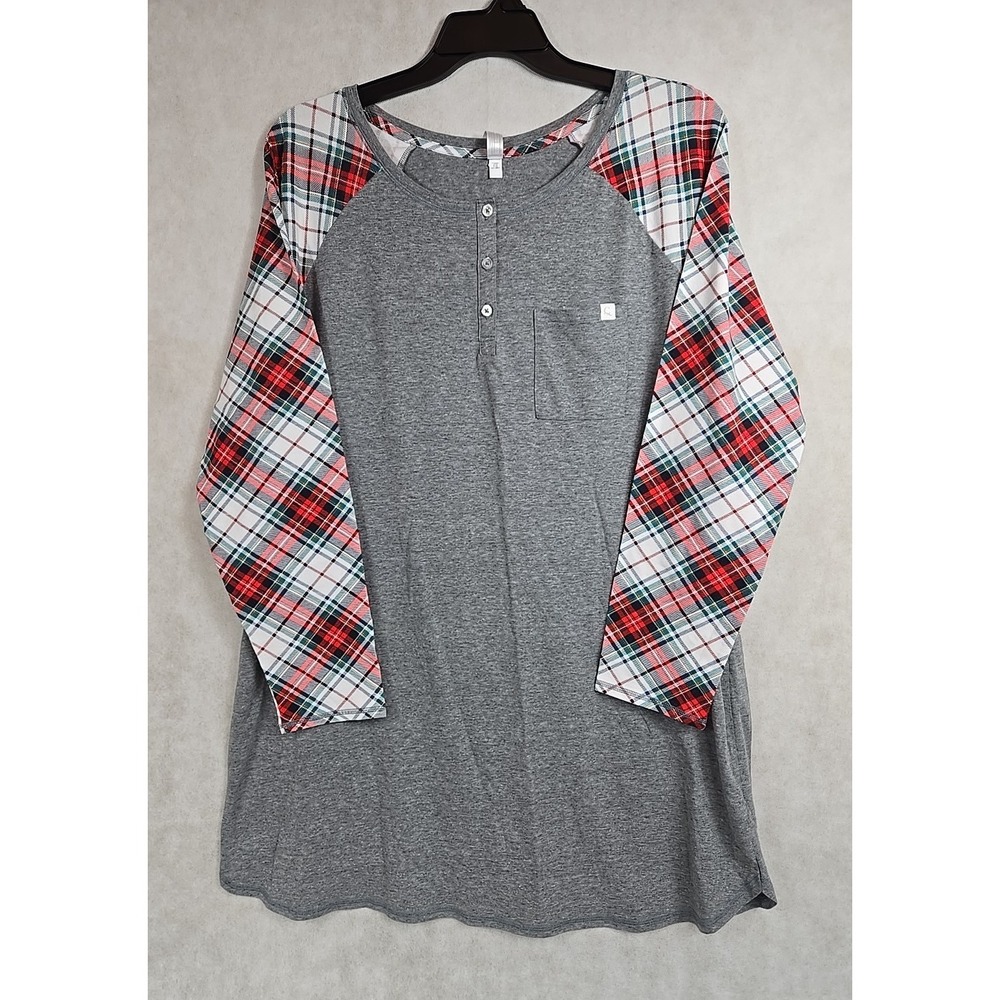 Cacique Lane Bryant Pajama Sleep Shirt Women 14/16 Gray Plaid Long Sleeve NWT‎